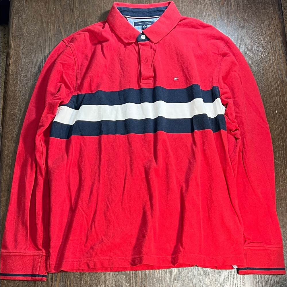 Tommy Hilfiger Men's Red Polo with Navy and White Stripes